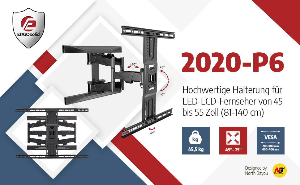 Кріплення для монітора/телевізора Ergosolid 2020-P6, поворотне, чорне, для екранів 45-75 дюймів, VESA 600x400, до 45,5 кг, сертифікат TÜV GS