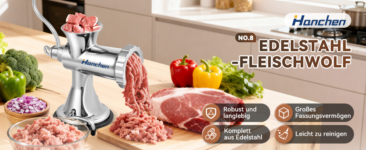 М'ясорубка ручна Hanchen з нержавіючої сталі з присоскою, насадкою для ковбас, 2 дисками та шреддером для овочів - посудомийна