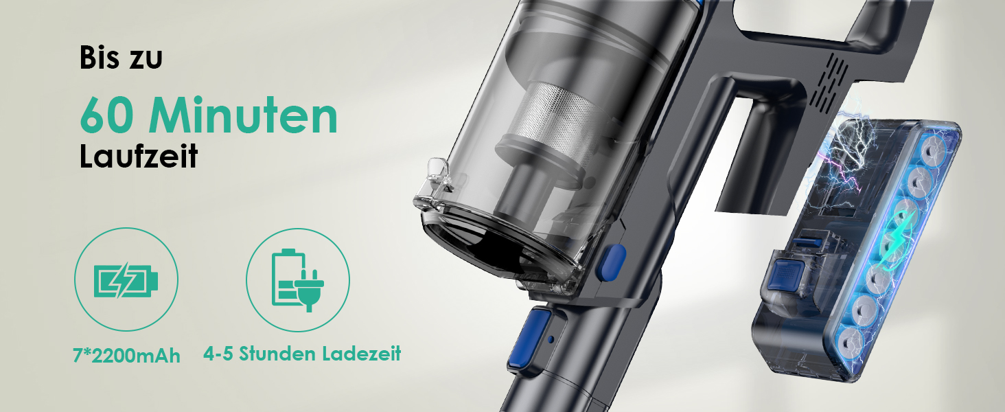 Бездротовий акумуляторний пилосос з функцією миття підлоги, 45000 Па/550 Вт/60 хв, безщітковий двигун, LED-дисплей, самостійна парковка, для твердих поверхонь, килимів та шерсті тварин, блакитний