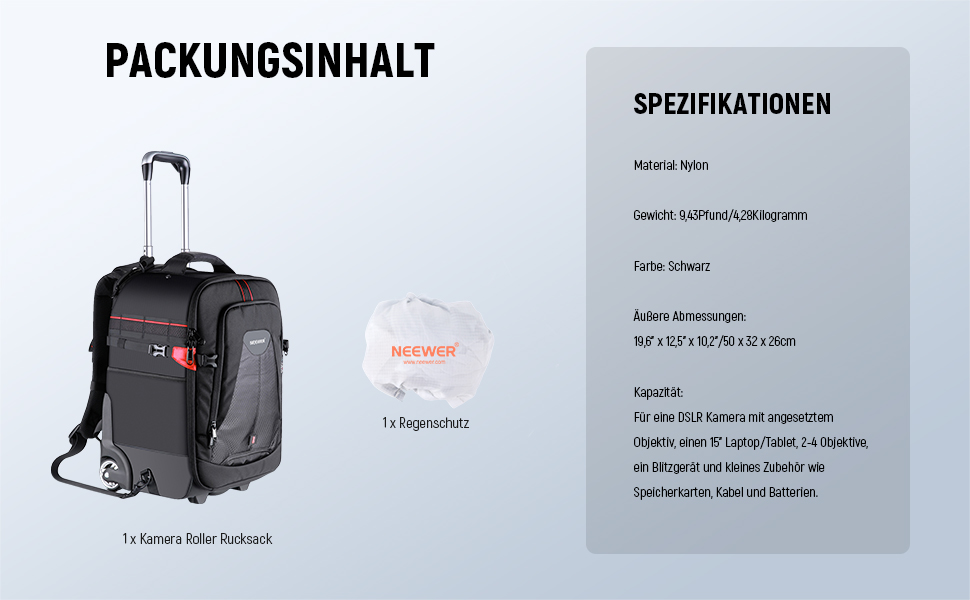 Рюкзак-тележка для камери NEEWER 2-в-1 NW-DA410T: водонепроникний, знімний, для фотообладнання та ноутбука