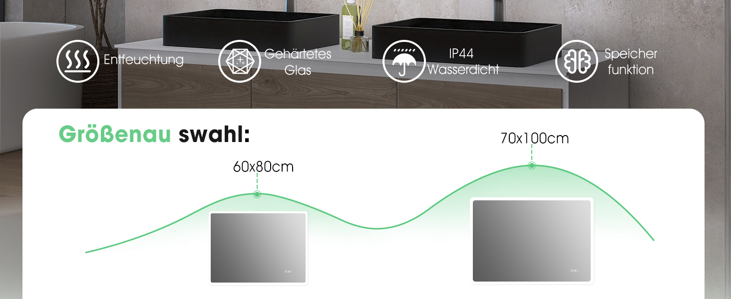 Дзеркало для ванної кімнати S'bagno з підсвічуванням 80x60 см, LED, Bluetooth, протитуманне покриття, 3 кольори, регулювання яскравості, пам'ять, загартоване скло, IP44, горизонтальне/вертикальне встановлення