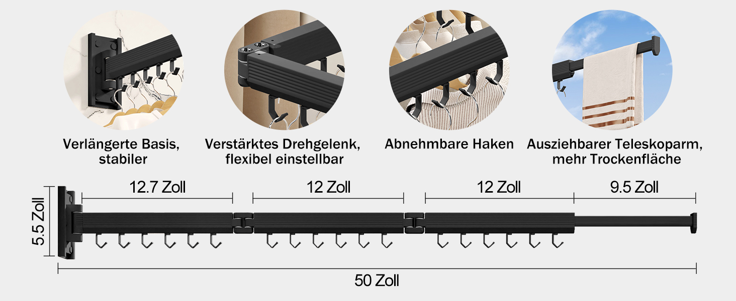 Настінна сушилка для білизни розкладна та складна, з алюмінію, 100 кг, з білими гачками (Black-hooks)