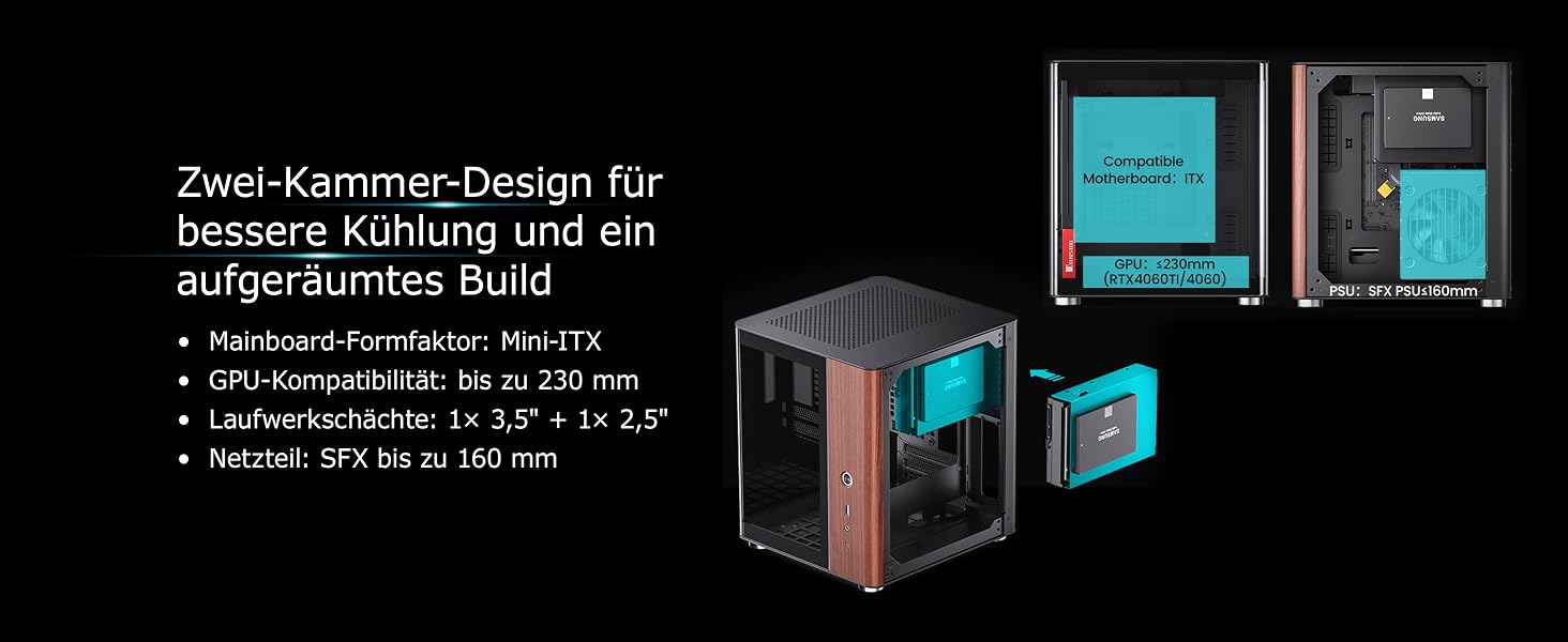 Корпус для ПК Jonsbo TK-0 Mini-ITX, чорний — SFF корпус із загартованим склом та дерев'яними елементами, підтримка відеокарт до 230мм, USB-C