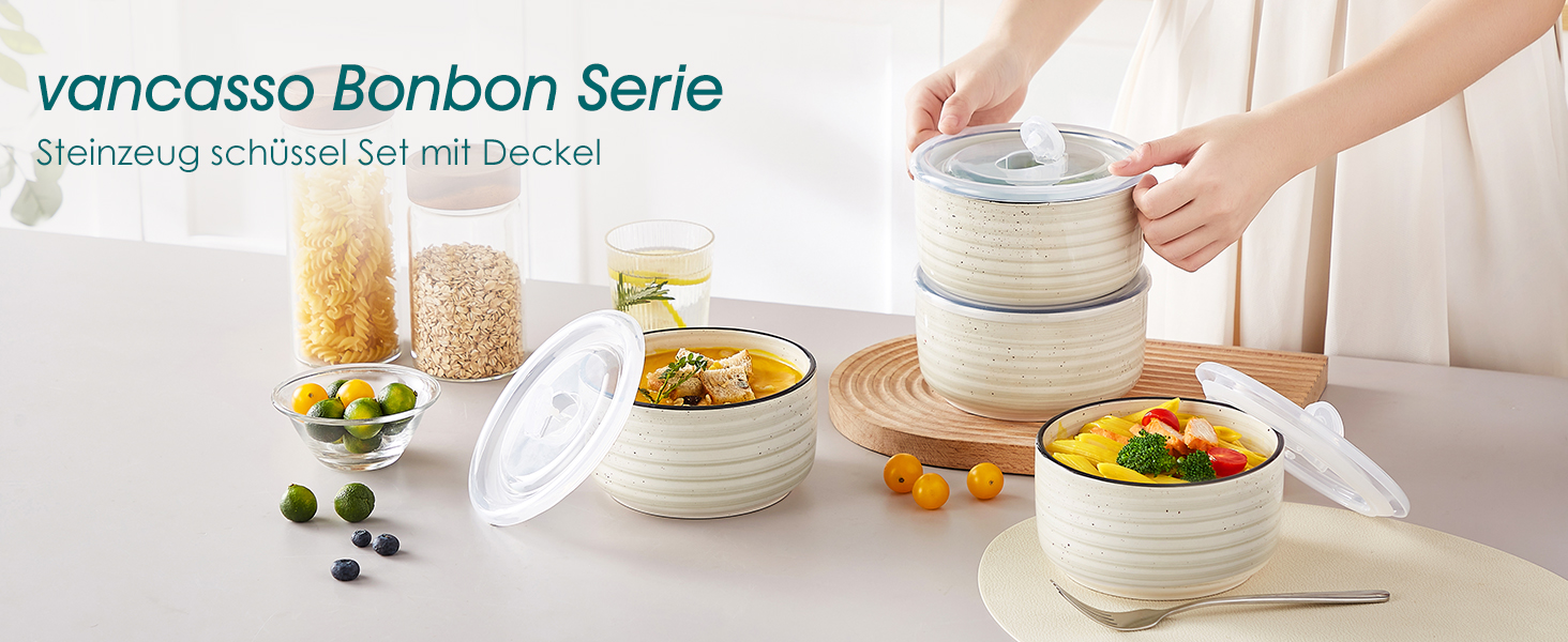 Набір керамічних супових та сервірувальних мисок Vancasso Bonbon з кришкою (4 шт.), бежевий