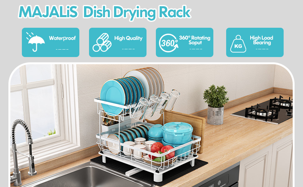 Сушарка для посуду MAJALiS 2-ярусна з піддоном та килимком, з тримачем для кухонного приладдя, чорна, нержавіюча сталь