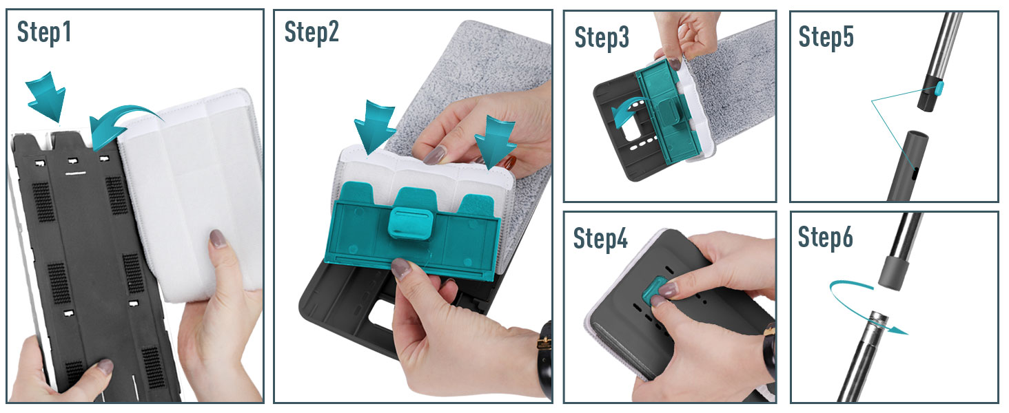 Набір для миття підлоги з відром, Masthome, компактний, з віджимом, 3 мікрофібрових насадок, нержавіюча сталь, 2 в 1, для дерев'яних, плиткових та мармурових підлог (сірий+блакитний, 3.7л)