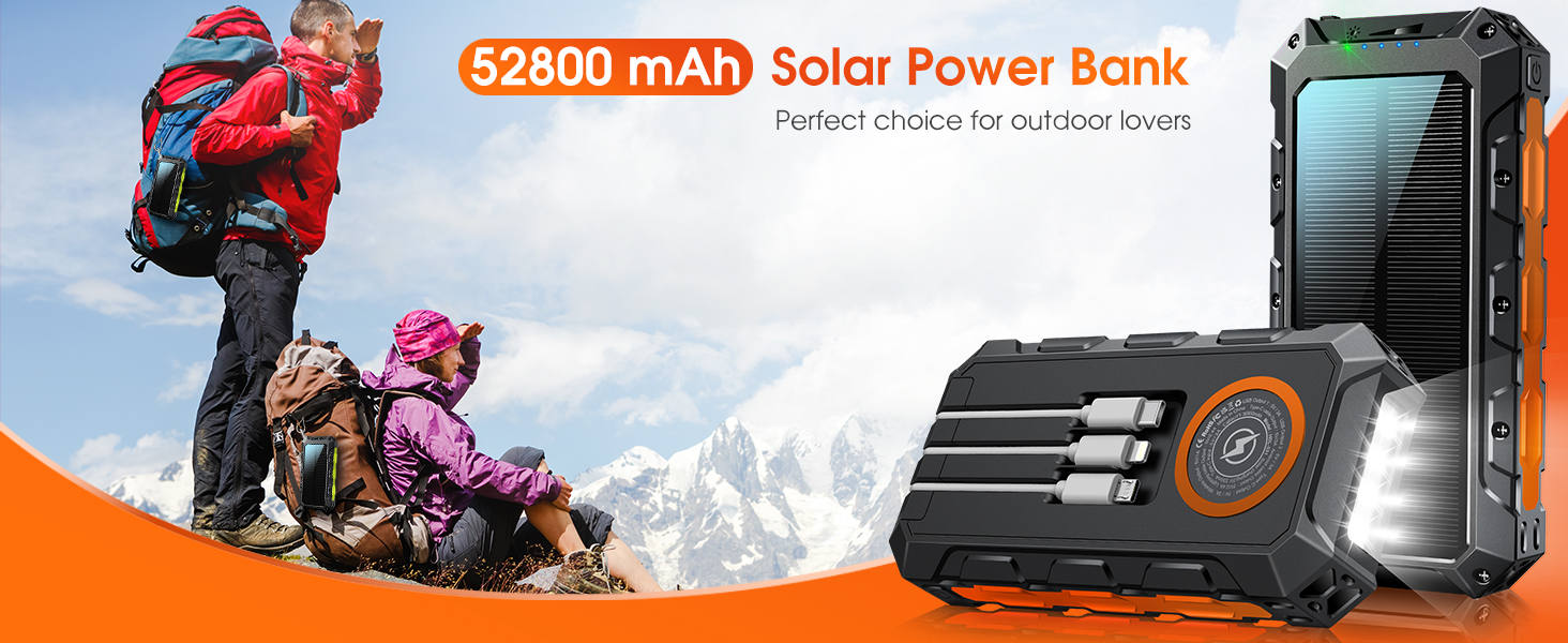 Power Bank 52800 mAh Red з сонячною зарядкою, бездротовою зарядкою, водонепроникний, 5 виходів, 3 входи, ліхтарик, карабін, QC 30W та USB C PD 20W для мобільних телефонів