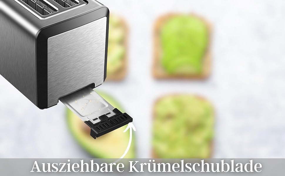 Тостер Langschlitz з 4-ма слотами | XXL, 1500 Вт, регулятор 6-ти рівнів підсмажування, підставка для бургерів, функція розморожування, крихтозбірник, нержавіюча сталь, LED дисплей