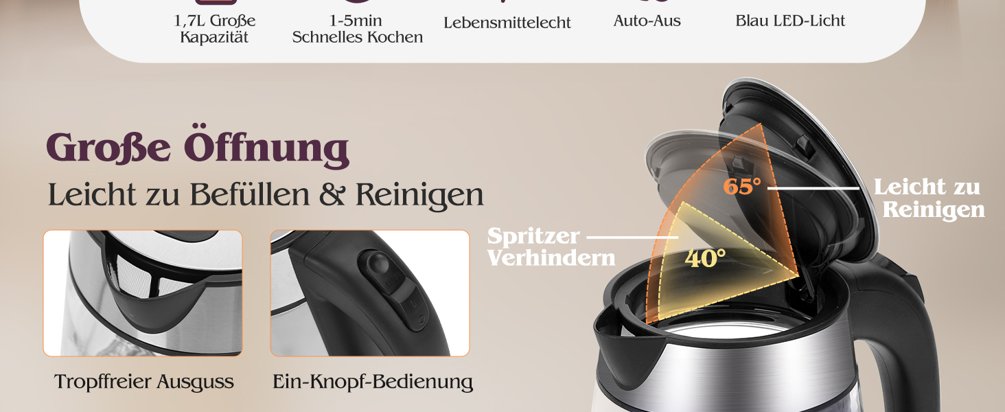 Електричний чайник Aigostar 1.7л, 2200W, LED, без BPA, скло Borosilikat, фільтр від накипу, чорний (Chubby)