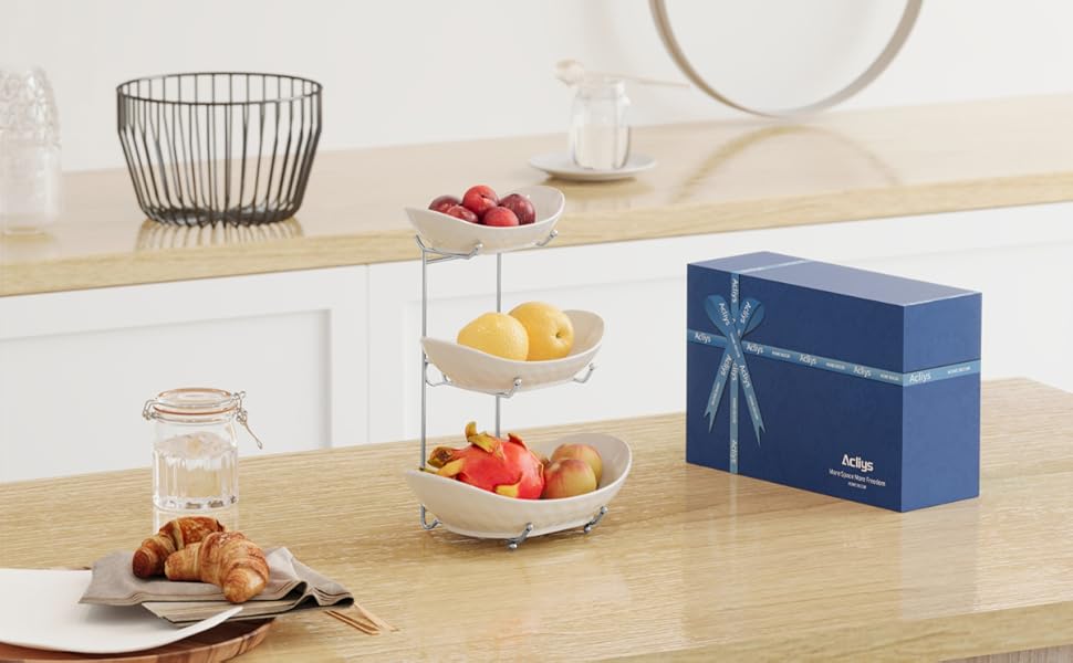 Багатоярусна фруктова тарілка Acliys 3 яруси з кераміки для кухні, зберігання фруктів, овочів, снеків, десертів