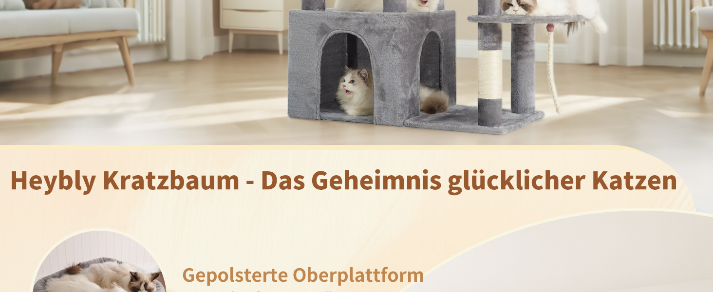 Дерев'яний будиночок для котів Heybly Kratzbaum 120см - великий котячий комплекс з міцною основою, багатоярусні м'які меблі, когтеточка, гамак та іграшка, сірий HCT026W