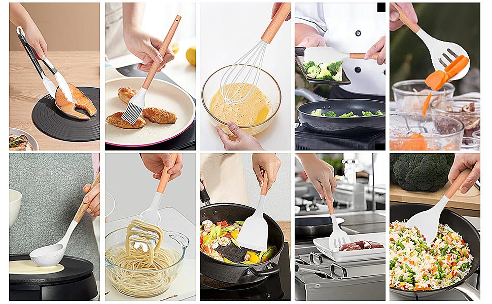 Набір кухонних аксесуарів Howephofly: 23 штуки з силікону, антипригарні, з дерев'яними ручками, включає гачки, рожевий колір