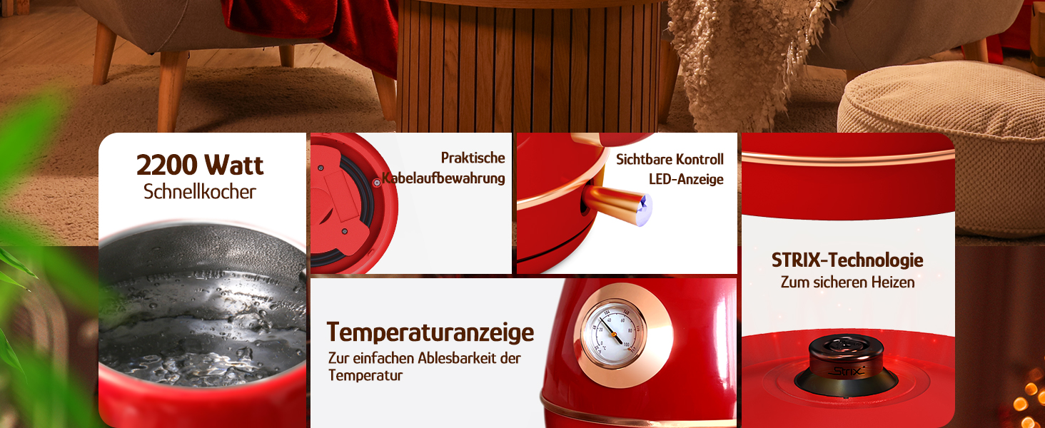 Електричний чайник Hazel Quinn Retro з термометром, з нержавіючої сталі, без пластику, 1.7 л, 2200 Вт, автоматичне вимкнення, вінтажний дизайн, Rudy Rot