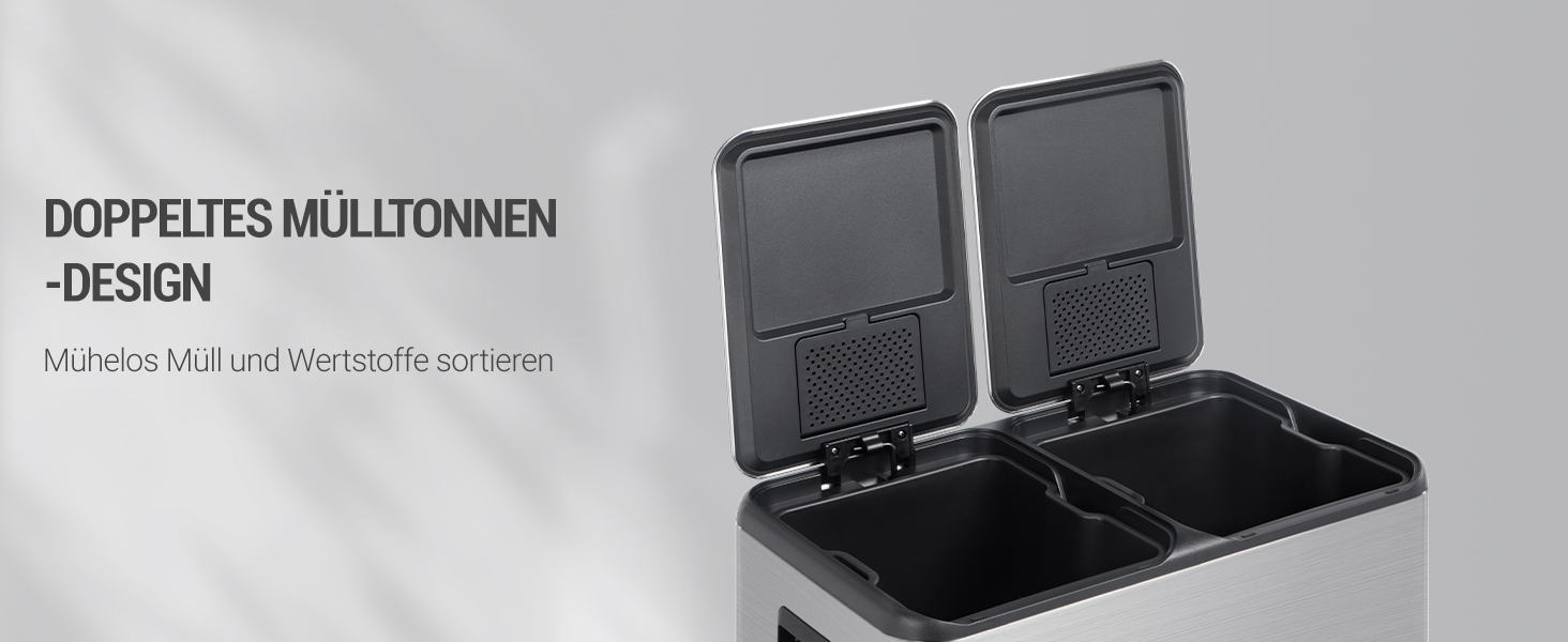 Відро для сміття з сортуванням 2 відділення 60 л (2 x 30 л), нержавіюча сталь, з педаллю, тихий закриття, з 15 пакетами, срібний SW06099E