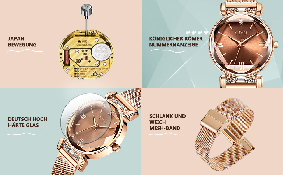 Жіночий годинник CIVO: водостійкий, мінімалістичний, кварцовий, кварцовий годинник для жінок (Y-3 рожеве золото)