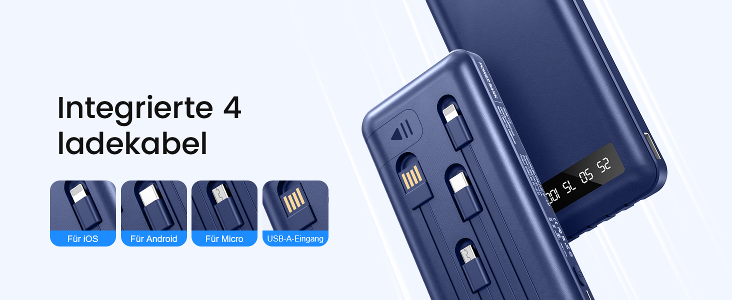 Powerbank 26800mAh з 4 вбудованими кабелями, 22.5W, LED дисплеєм та підставкою, блакитний. Сумісний з iPhone, iPad, Samsung Galaxy.