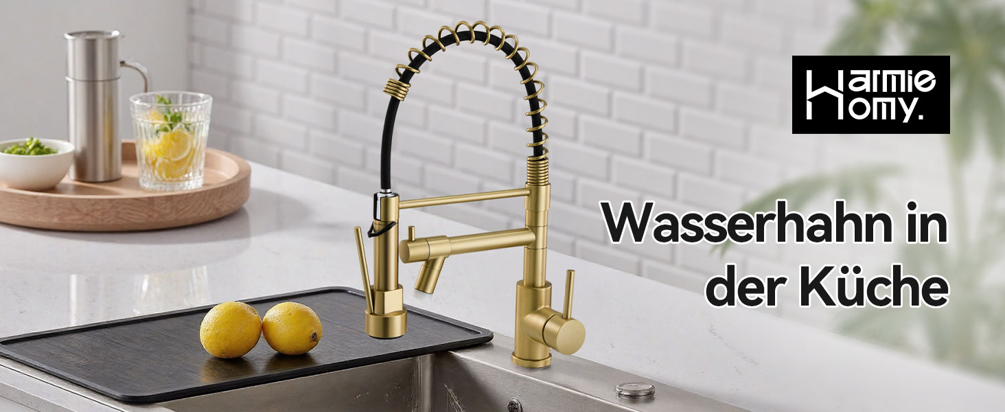 Кран кухонний LED Warmiehomy професійний, 360° поворотний, з двома виливами, високий вигин, спіральна пружина, для мийки, з нержавіючої сталі (золотий)