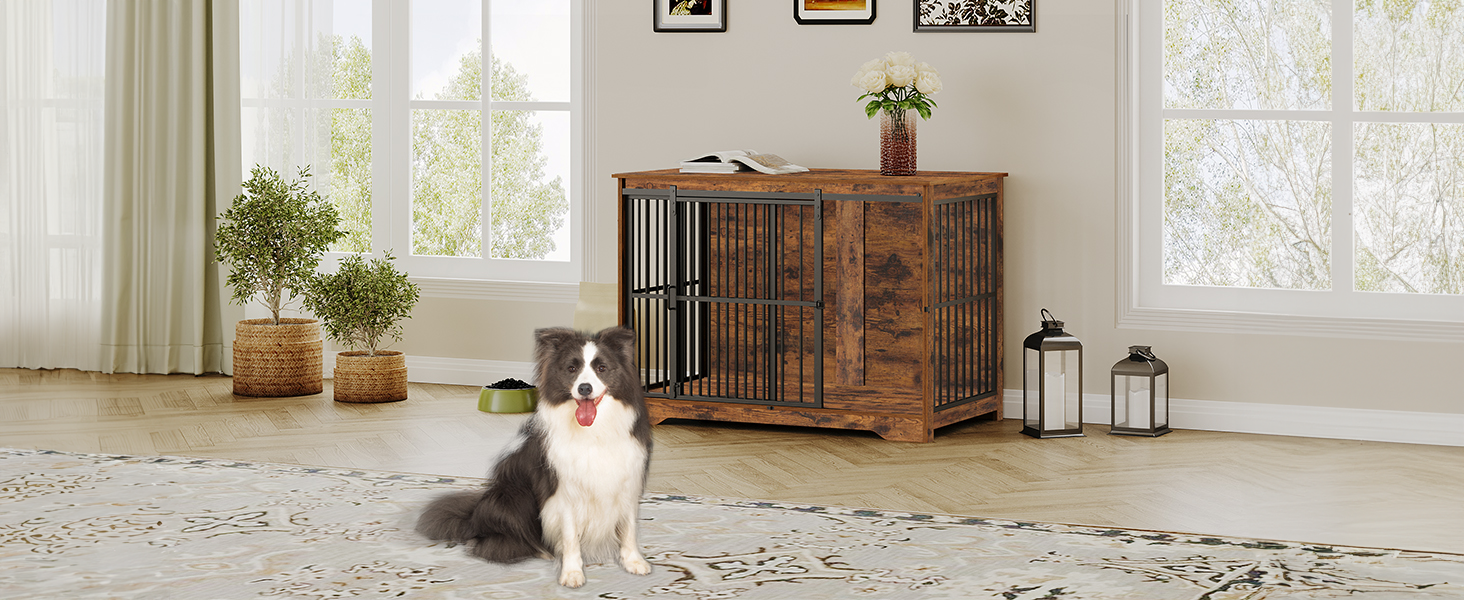 Клітка для собак Hzuaneri, 110 см, 2 двері, сучасний дизайн, для собак малих, середніх та великих порід (до 100 кг), з функцією приліжкового столика, посилена ковзна дверцята, 65 × 110 × 81 см, колір Vintage Brown, DFC84401B