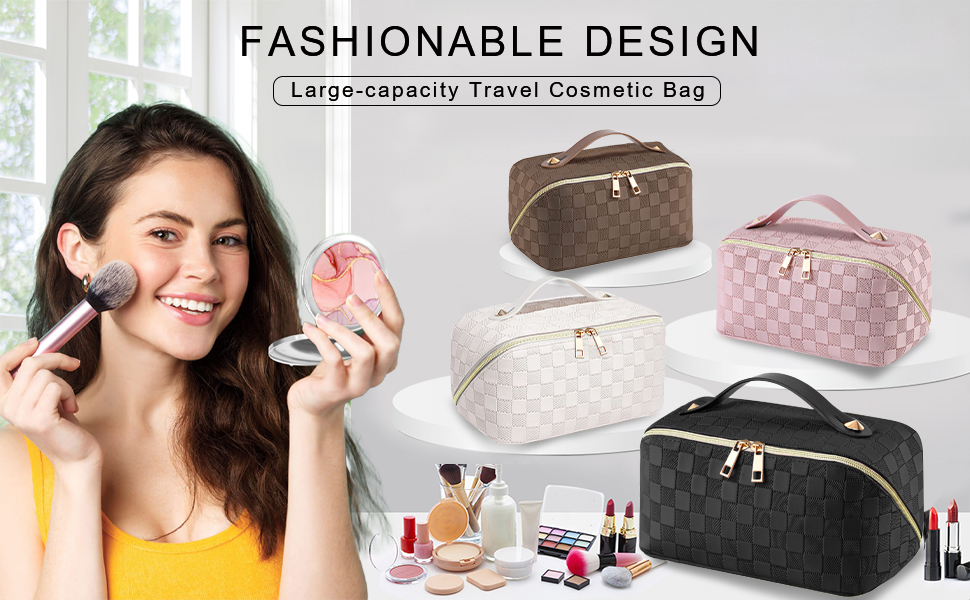 Косметичка для подорожей жіноча, велика містка, з PU шкіри, органайзер для макіяжу, культбагаж, косметичка для подорожей, аксесуари для подорожей, чорно-біла в клітинку