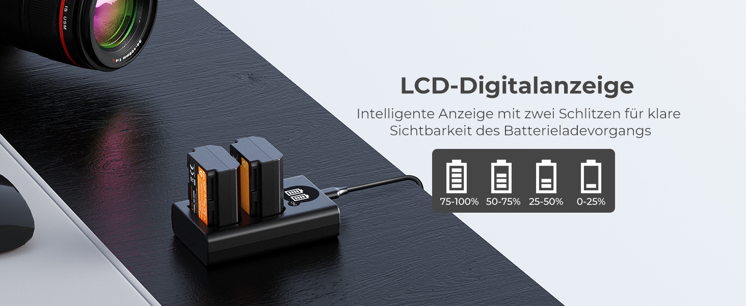 Зарядний пристрій K&F CONCEPT NP-FZ100 з LED-дисплеєм, Dual Slot, Micro USB та Type-C, сумісний з Sony Alpha A7 III, A7R III, A9, a6600, a7R IV, Alpha a9 II, USB-кабель