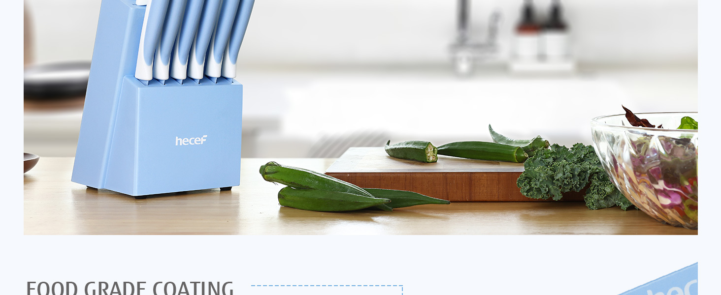 Набір ножів Hecef 14 предметів у блоці, з антипригарним покриттям, для миття в посудомийній машині, самозаточуваний блок, ергономічні ручки, кухонний набір для будь-якої кухні (блакитний)