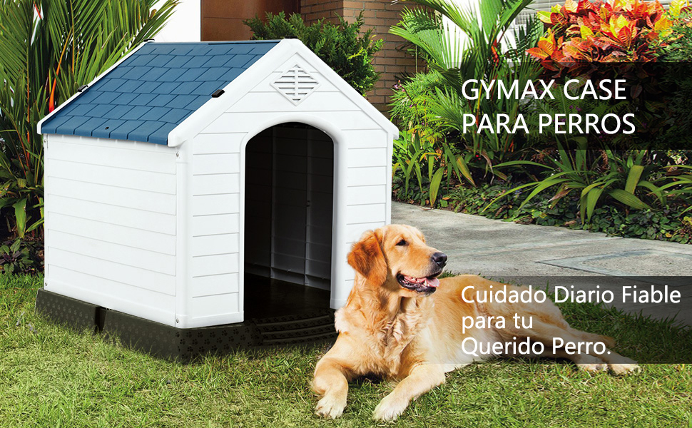 GYMAX Будка для собак на вулицю з похилим дахом та піднятим дном, пластикове собаче будиночок, вологостійка собача будка в стилі кантрі (Білий + Синій, 72,5 x 66 x 70,5 см)