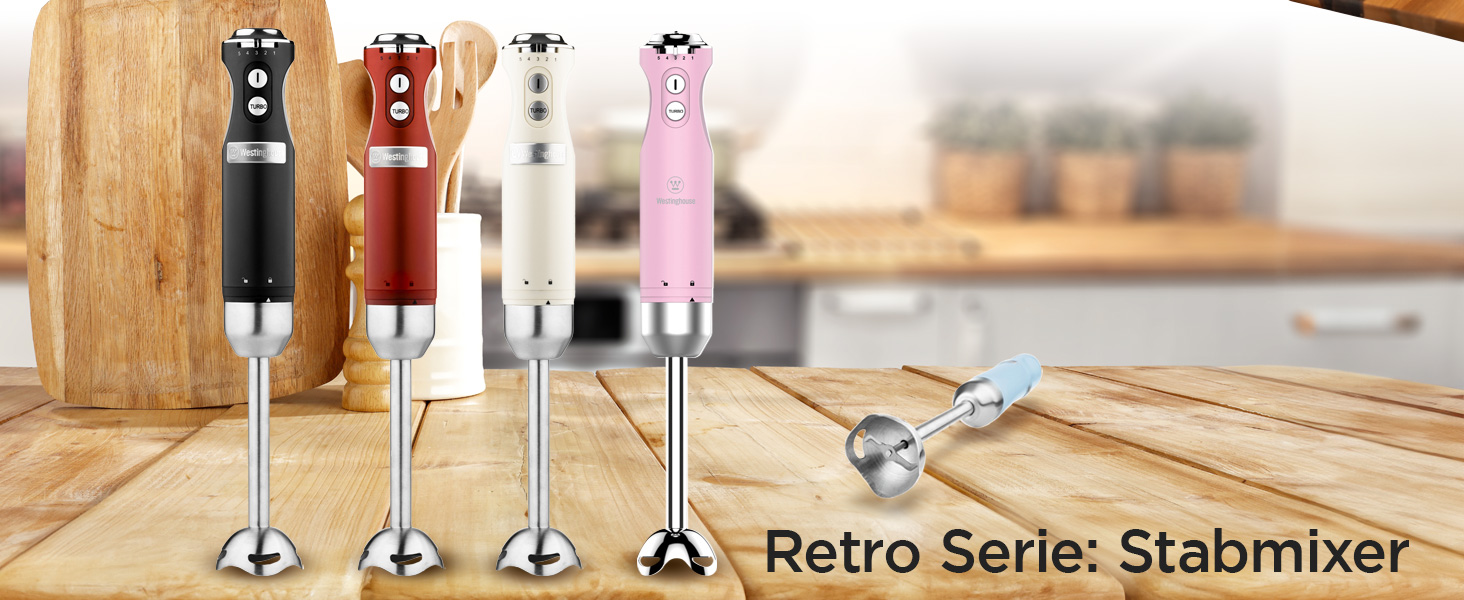 Блендер Westinghouse Retro Stabmixer: 600 Вт, рожевий, 4 швидкості, турбо, сталеві леза, ергономічна ручка