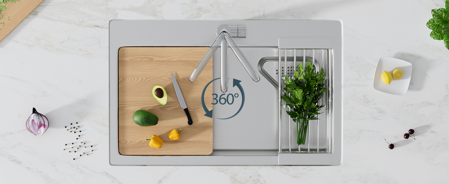 Змішувач кухонний FORIOUS, поворотний 360°, L-подібний, для 1 отвору, полірований хром