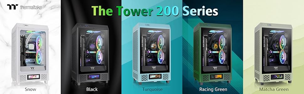 Корпус Thermaltake The Tower 200 Turquoise Mini-ITX з вертикальним розташуванням, загартоване скло, 2x CT140 вентилятори, підтримка AIO 280мм, GPU до 380мм