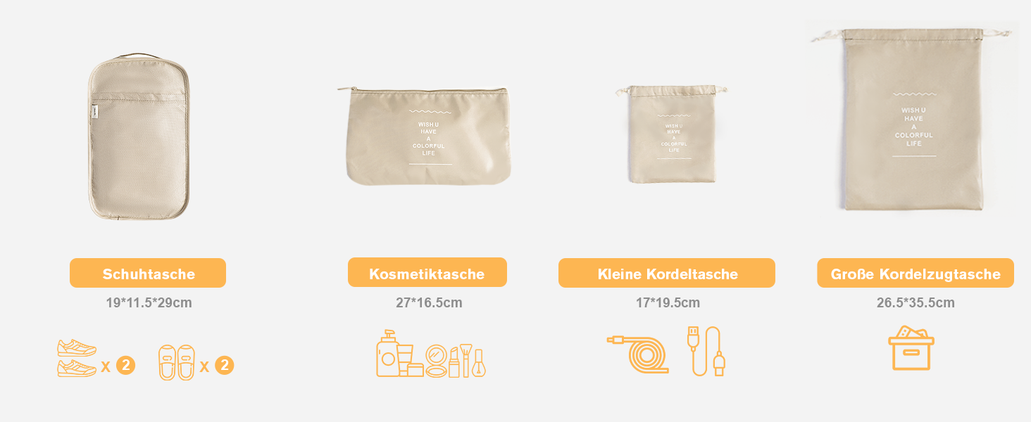 Органайзер для валізи BillyBath, Набір для подорожей (8 шт., сірий): Косметичка, кубики для пакування, сумки для взуття