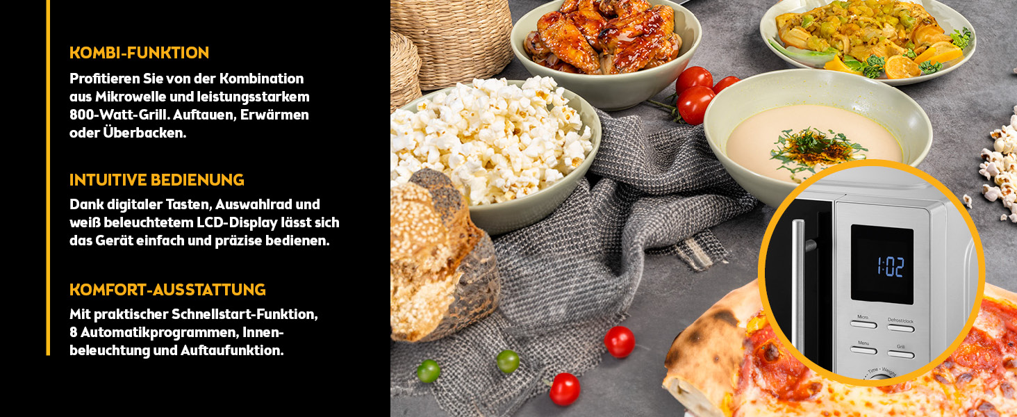 Мікрохвильова піч з грилем TZS First Austria 20L - 2-в-1, 700/800W, 8 програм, LED-дисплей, нержавіюча сталь, дитячий замок