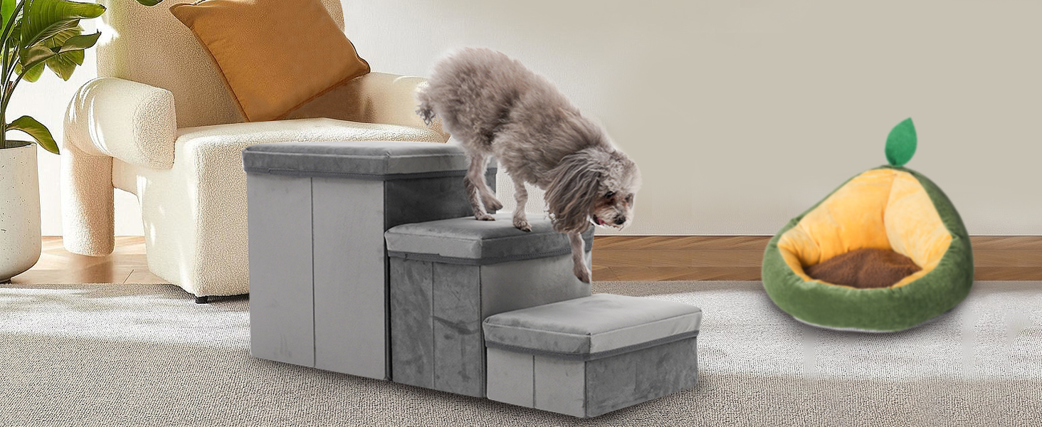 Сходинки для собак на 3 сходинки, 44 см, з місцем для зберігання. Підходить для маленьких собак та котів, зручні для літніх тварин (сірий)