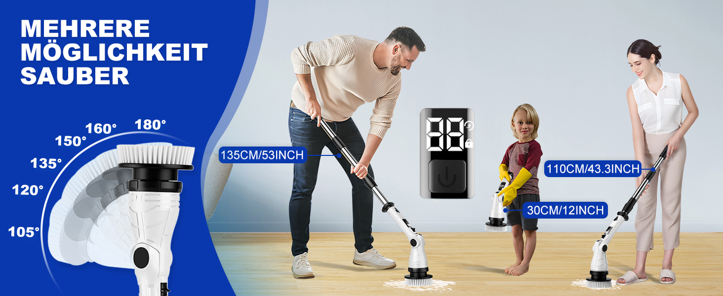 Електрична щітка для прибирання щілин, універсальна для ванної, кухні та авто. 8 насадок, регульована ручка, 3 швидкості. Набір з відром та шваброю