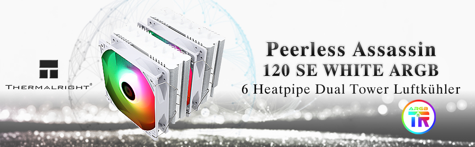 Thermalright Peerless Assassin 120 SE ARGB: Повітряний кулер для CPU з RGB підсвічуванням, 6 heatpipes, 120mm вентилятор, підтримка AMD AM4/AM5 та Intel 1700/1150/1151/1200