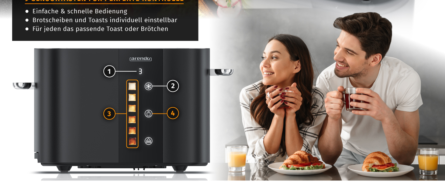 Тостер Arendo з нержавіючої сталі, 2 відділення, сенсорний екран, подвійні стінки, 800 Вт, підставка для тостів, 6 рівнів підсмажування, центрування хліба, індикатор часу, функція пам'яті, колір: чорний
