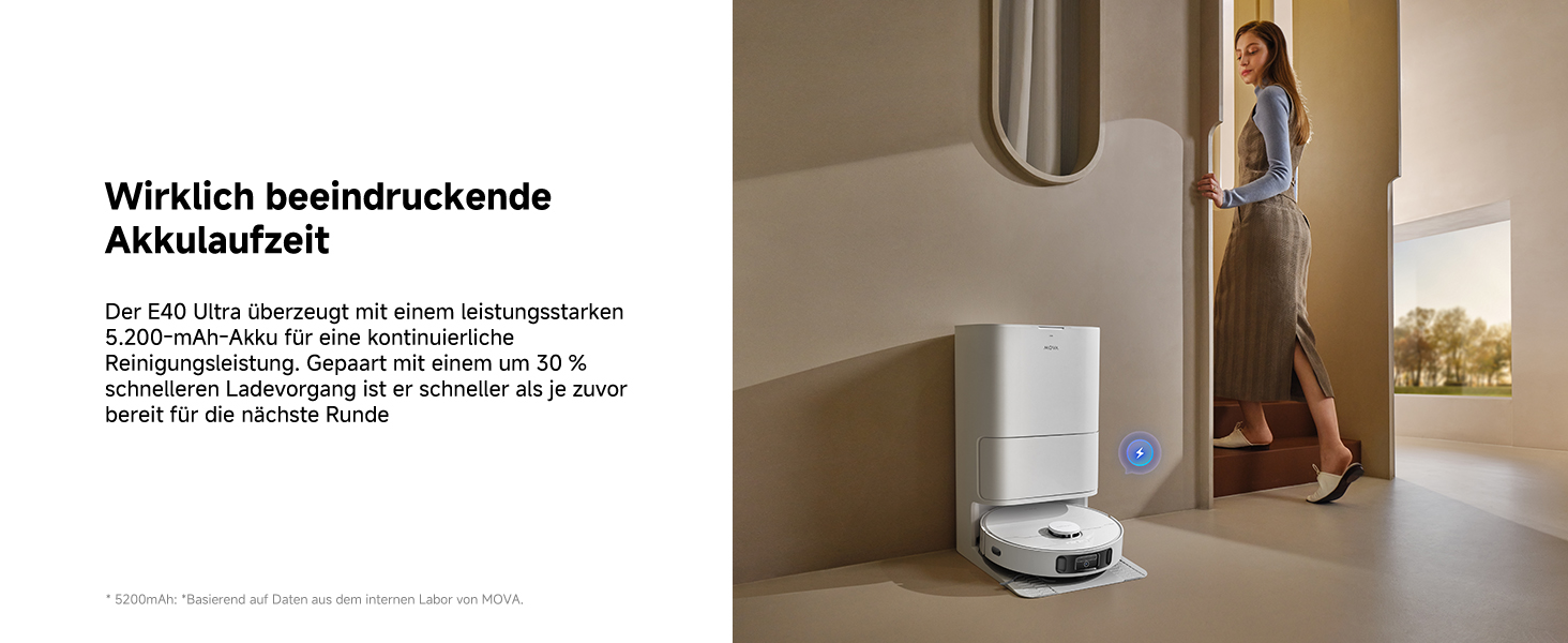 Робот-пилосос Mova E40 Ultra з функцією миття, автоматичним очищенням та потужністю 19000 Па, MaxiReach-моп, бічні щітки, вбудований резервуар 80 мл, станція самоочищення на 75 днів