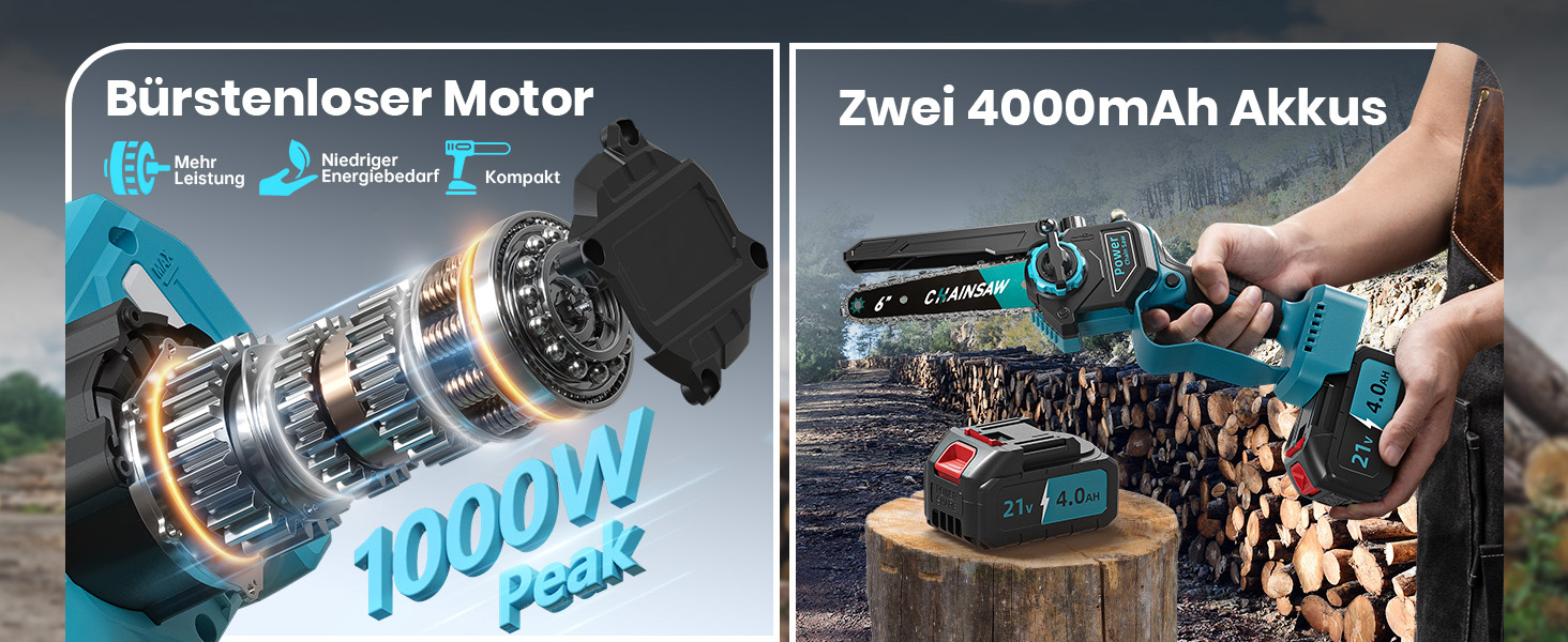 Акумуляторна міні-пила 8000mAh, безщіткова акумуляторна ланцюгова пила 6 дюймів, пила для гілок з автоматичним змащенням, 2 акумулятори 4000mAh, ручна акумуляторна пила сумісна з акумуляторами Makita 18V для різання деревини