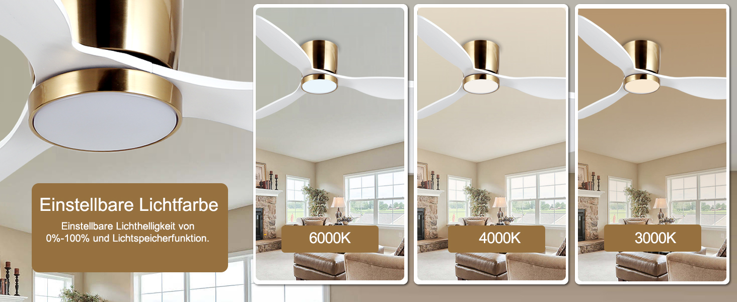 Стеляний вентилятор Reiga з LED-підсвічуванням та пультом керування, 132 см, тихий DC-двигун, 3 колірні температури, 3-лопатевий дизайн з дерева для спальні, вітальні та кухні, білий, монтаж на стелю