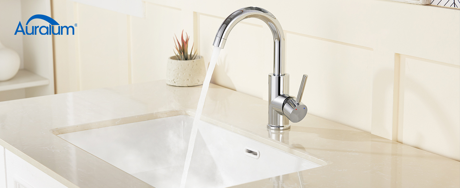 Кухонний змішувач Auralum для низького тиску, 360° обертання, 3 підключення, з міді з хромовим покриттям