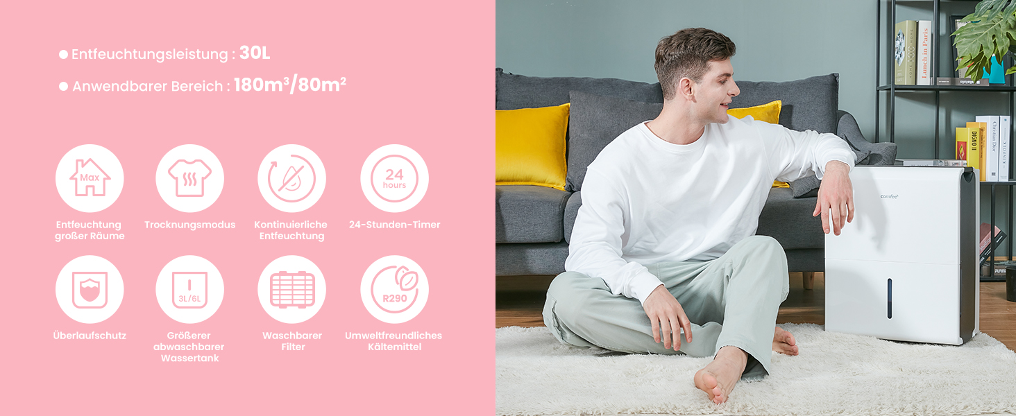 Зволожувач повітря Comfee 30 л/24 год, для приміщень до 80 м², з інтелектуальним режимом, таймером, баком 3 л, MDDP-30DEN7