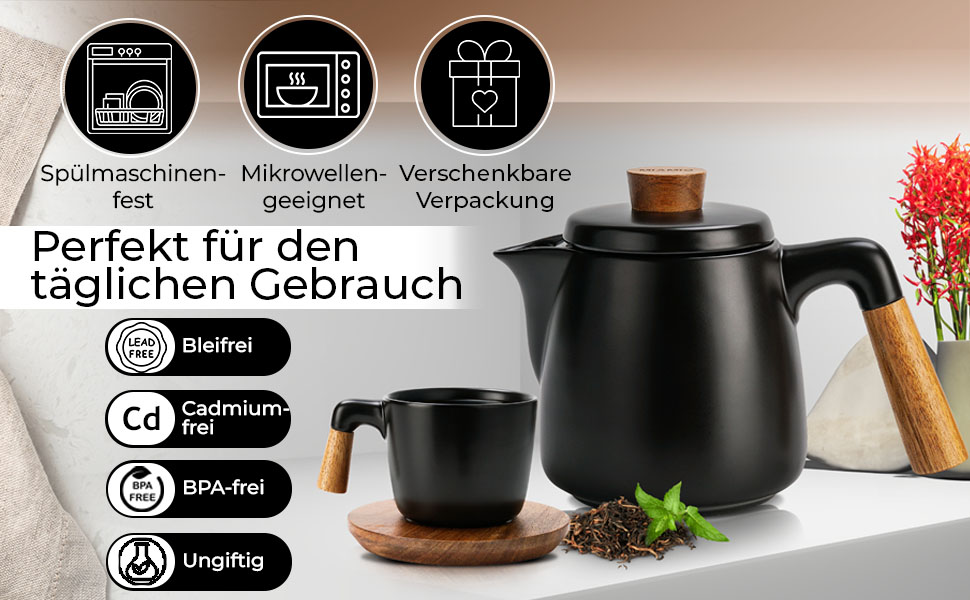 Набір для чаю Miamio: чайник 1 л з ситечком та 4 чашки (300 мл), підставка з бамбука. Кераміка, білий/чорний