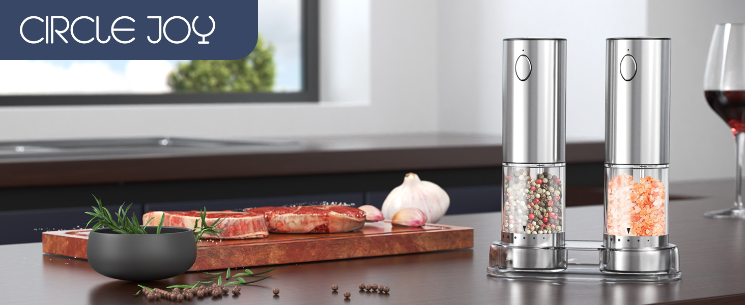 Електричні соляні та перечні млини CIRCLE JOY з нержавіючої сталі з підставкою, 95 мл, біле LED-підсвічування, регульована ступінь помелу, срібний колір