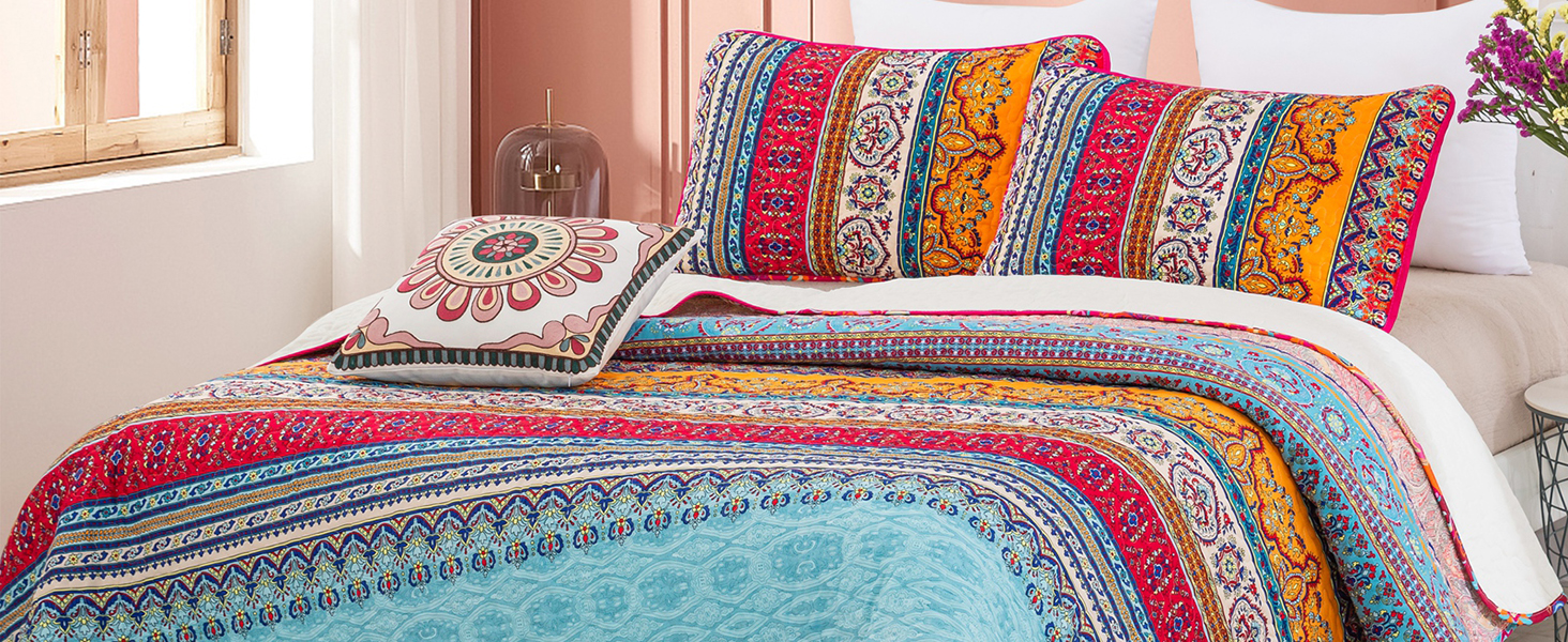 Покривало WONGS BEDDING Boho 220x240 см, мікрофібра, 3 предмети: стьобане покривало на двоспальне ліжко та 2 наволочки 50x70 см, для спальні або дивана (Богемний стиль)