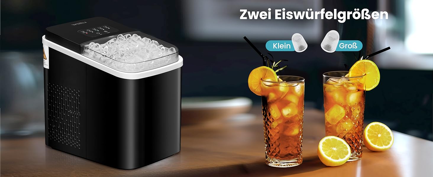 WOLTU Compact Ice Cube Maker Machine - Fast Ice Production (8 Cubes/6-8 Min) - 12kg/24h Capacity - Portable with Handle - Self-Cleaning - 2 Sizes - Ice Maker for Home, Camping, Office (1.4L, Black)
