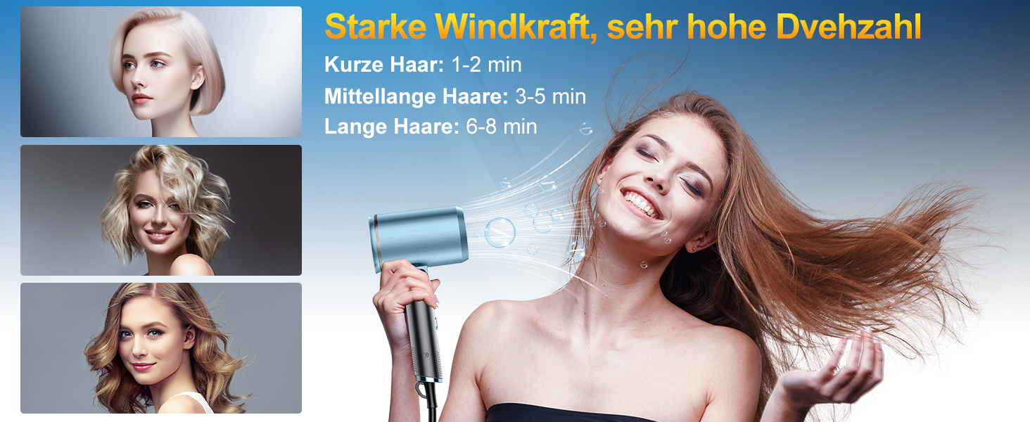 Фен 2400W складний іонний, професійний туристичний, з гарячою/холодною кнопкою, 3 режими нагріву, AC мотор, з насадкою-дифузором та сумкою для зберігання (сіро-блакитний)