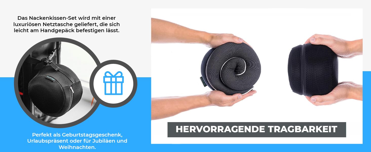 Подушка для шиї Proglobe, 100% Memory Foam, ортопедична, для подорожей (літак, авто, поїзд), з 3D-маскою для сну, сітчаста сумка (темно-сіра)