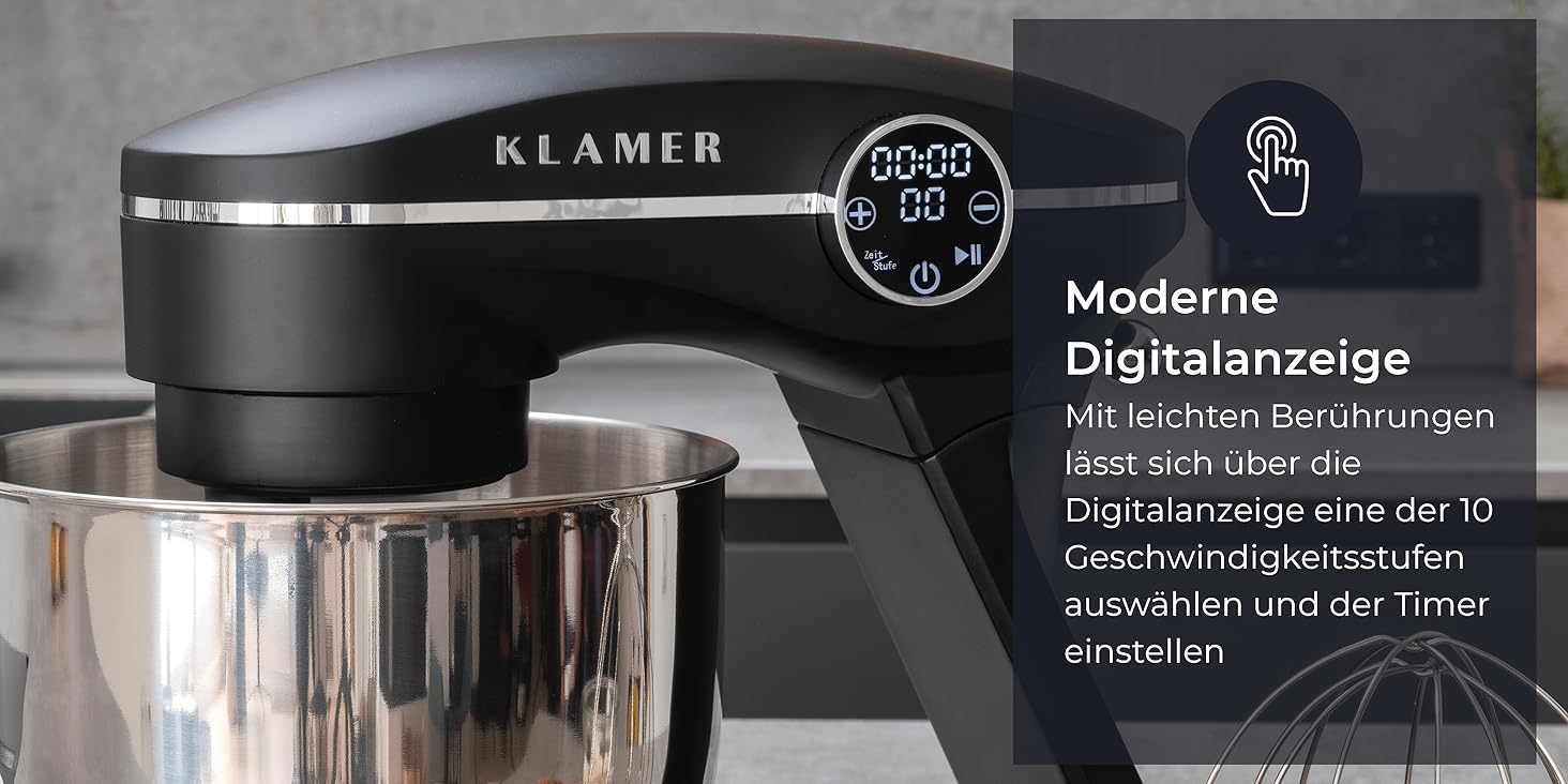 KLAMER 1800W Stand Mixer - Stainless Steel Bowl 6L, 10 Speed, Timer, Planetary Mixing, Dough Hook, Whisk & Beater - Black