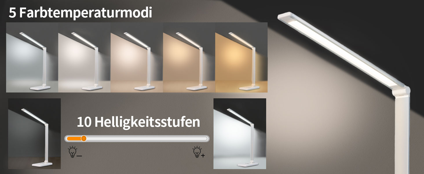 LED лампа для столу LQWELL® з регулюванням яскравості, метал, 5 кольорів, 10 рівнів, USB-зарядка, сенсорне керування, пам'ять, для дітей, офісу, білого кольору (QM019)