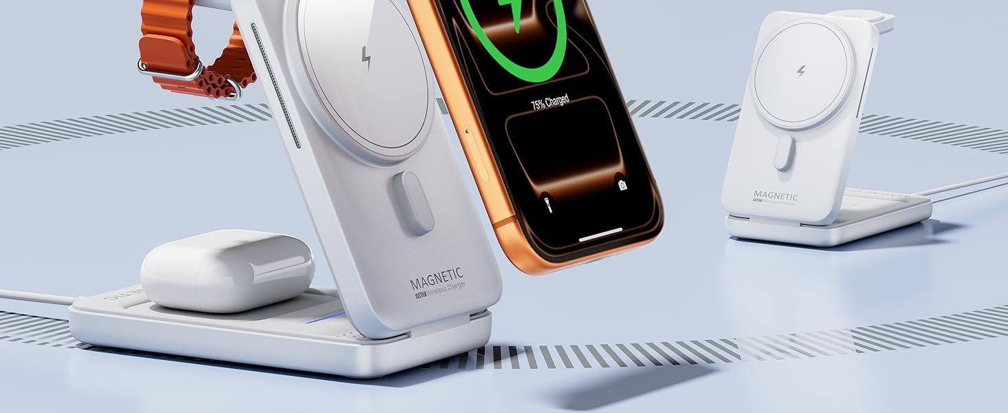 Зарядна станція 3-в-1 KPON для Apple Watch та iPhone з MagSafe, 20W, біла - Швидка зарядка для iPhone 17-12, Apple Watch 11-2, AirPods, портативна для подорожей та офісу