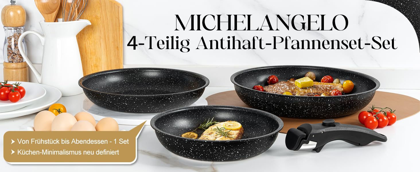 Набір сковорідок Michelangelo 4 шт. (20/24/28 см) знімний ручка, для індукції, антипригарне покриття мармур, до 240°C, чорний